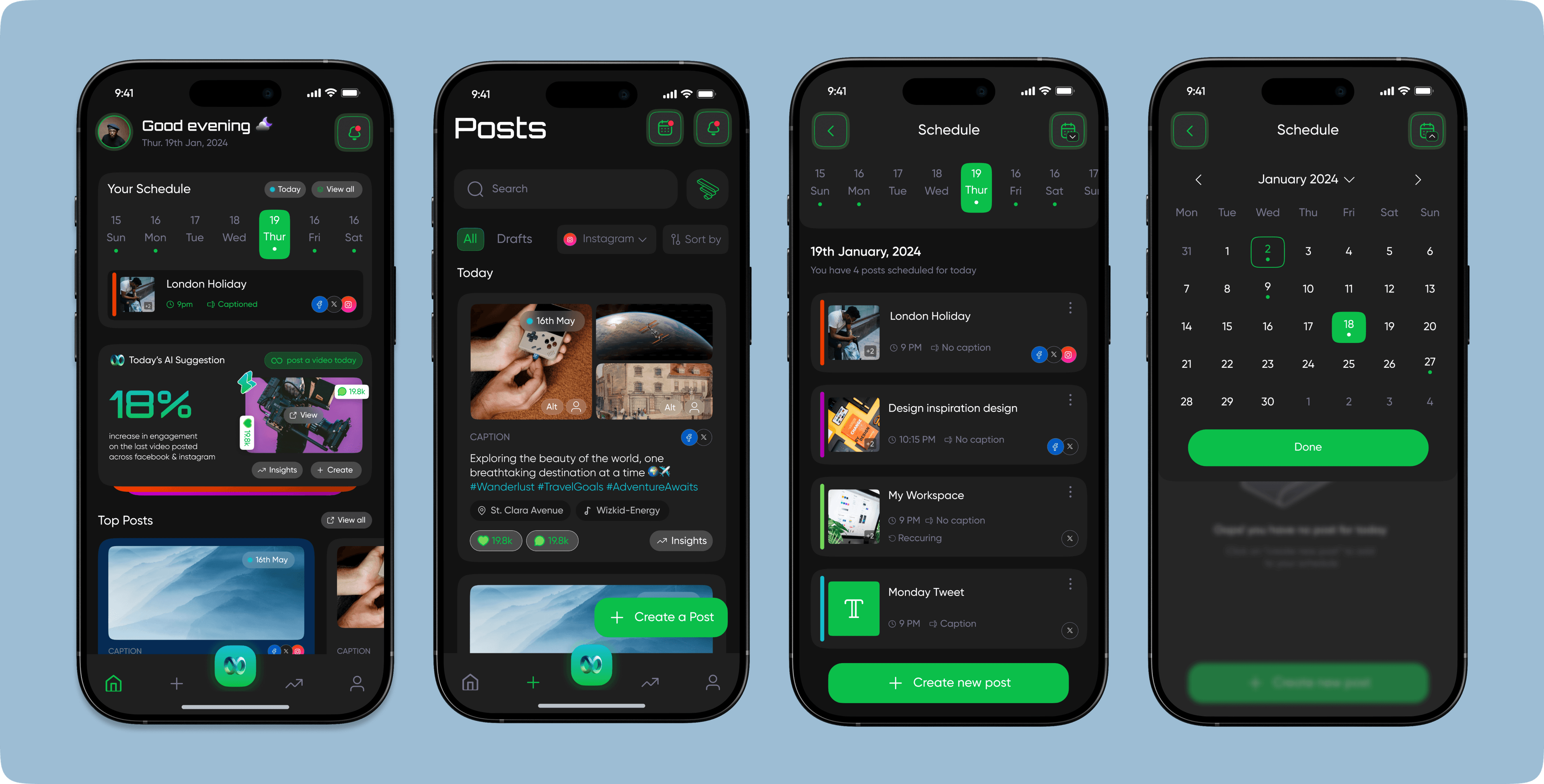 Home: Schedule, AI Suggestions, Top Posts & Quick Actions