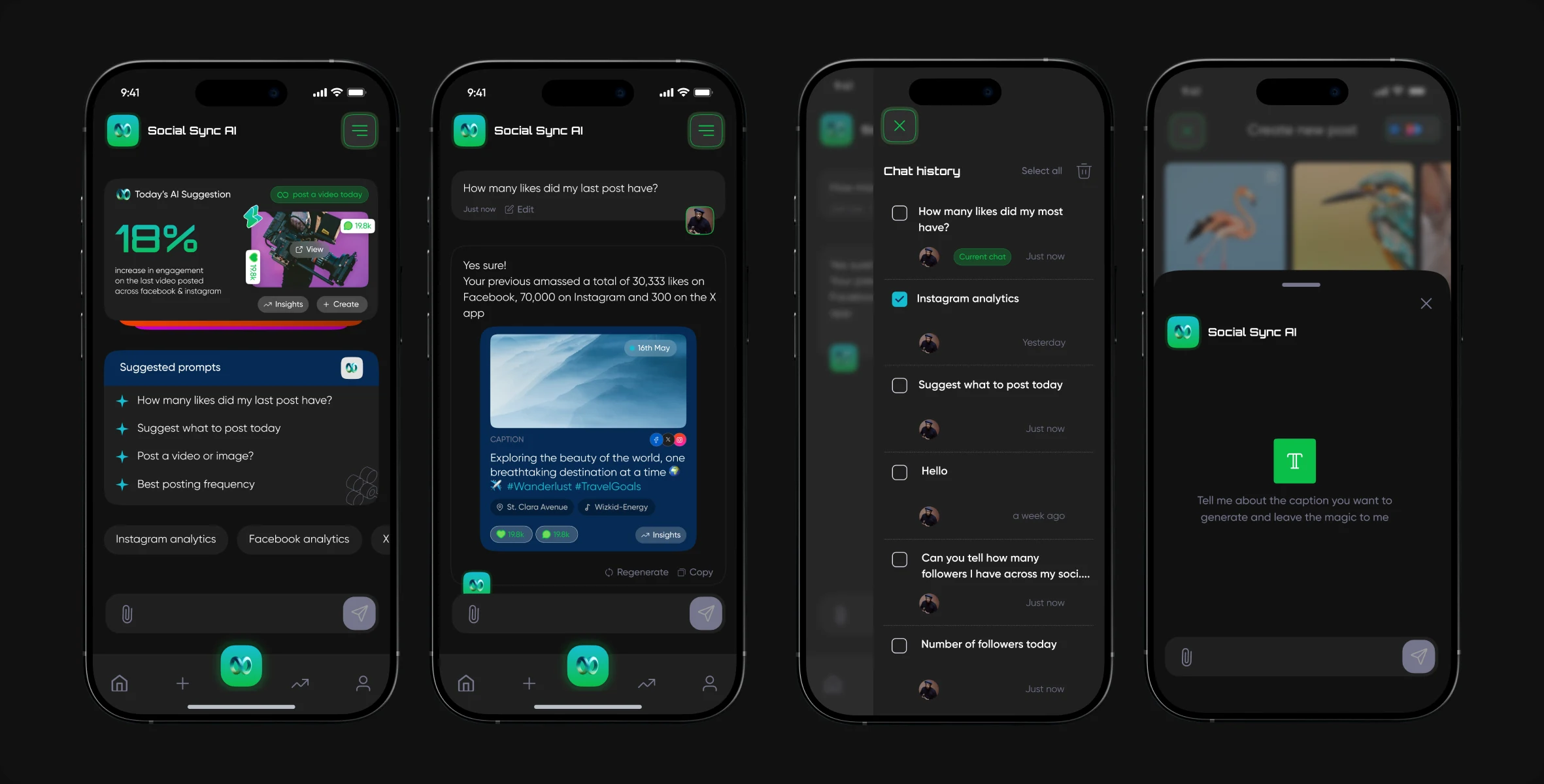 AI content and caption generation screens