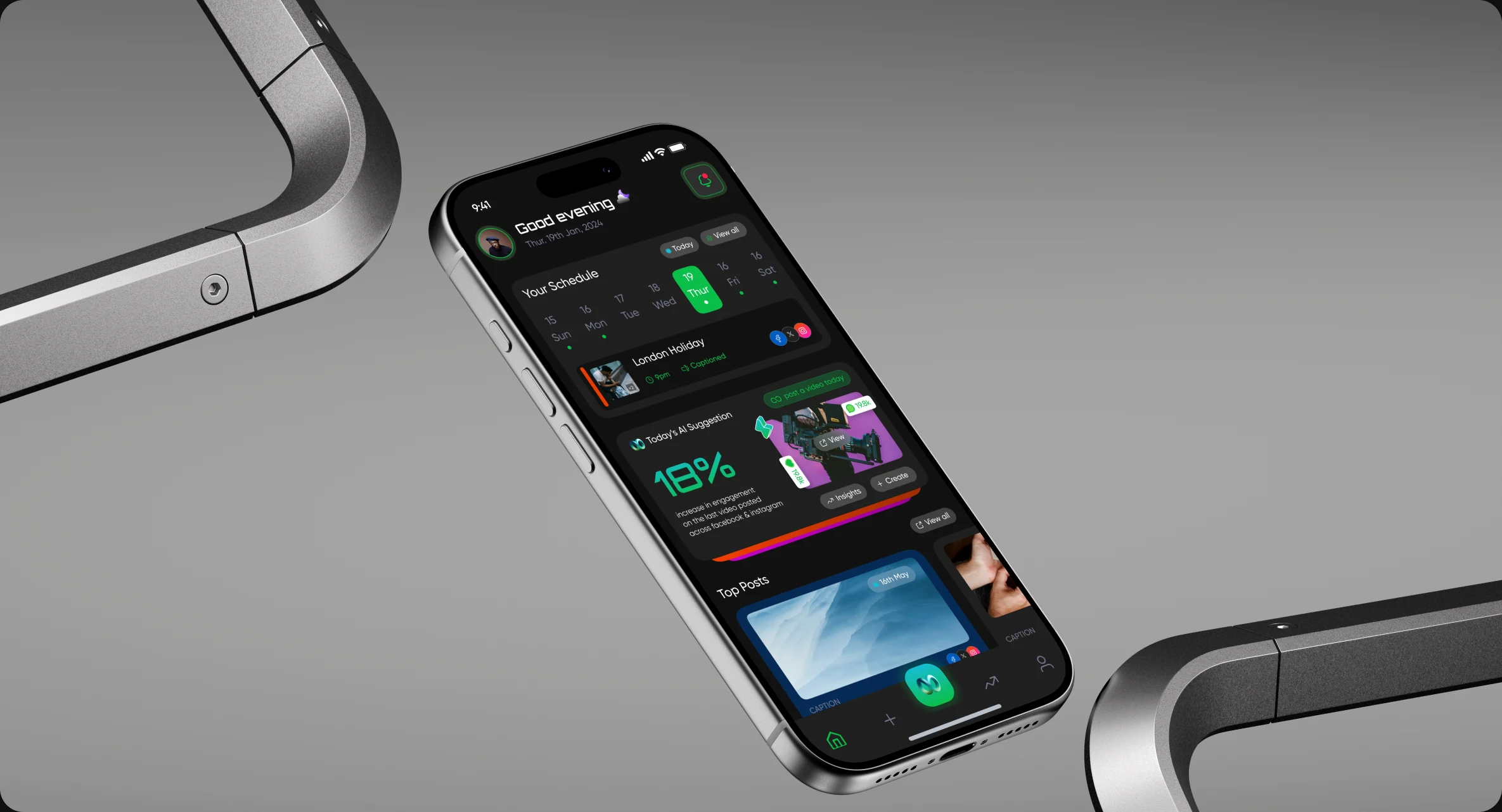 Social Sync app shown on an iPhone resting on brushed-metal rails