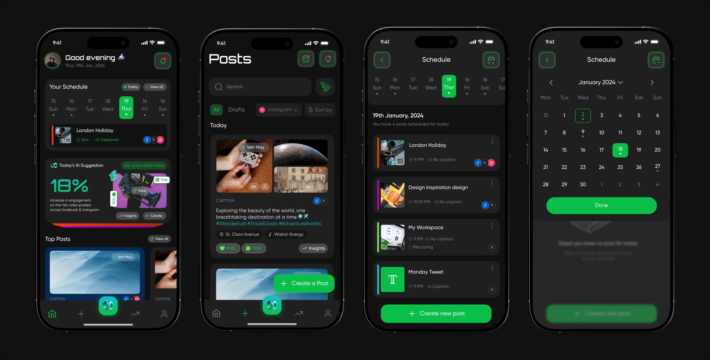 Home screens showing schedule, AI suggestions and top posts