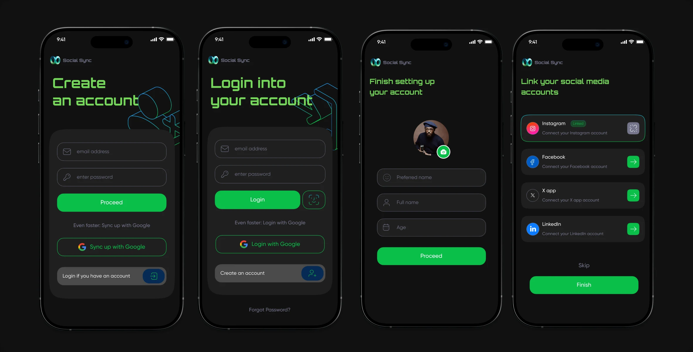 Onboarding screens: create an account, login, set up profile and link social accounts