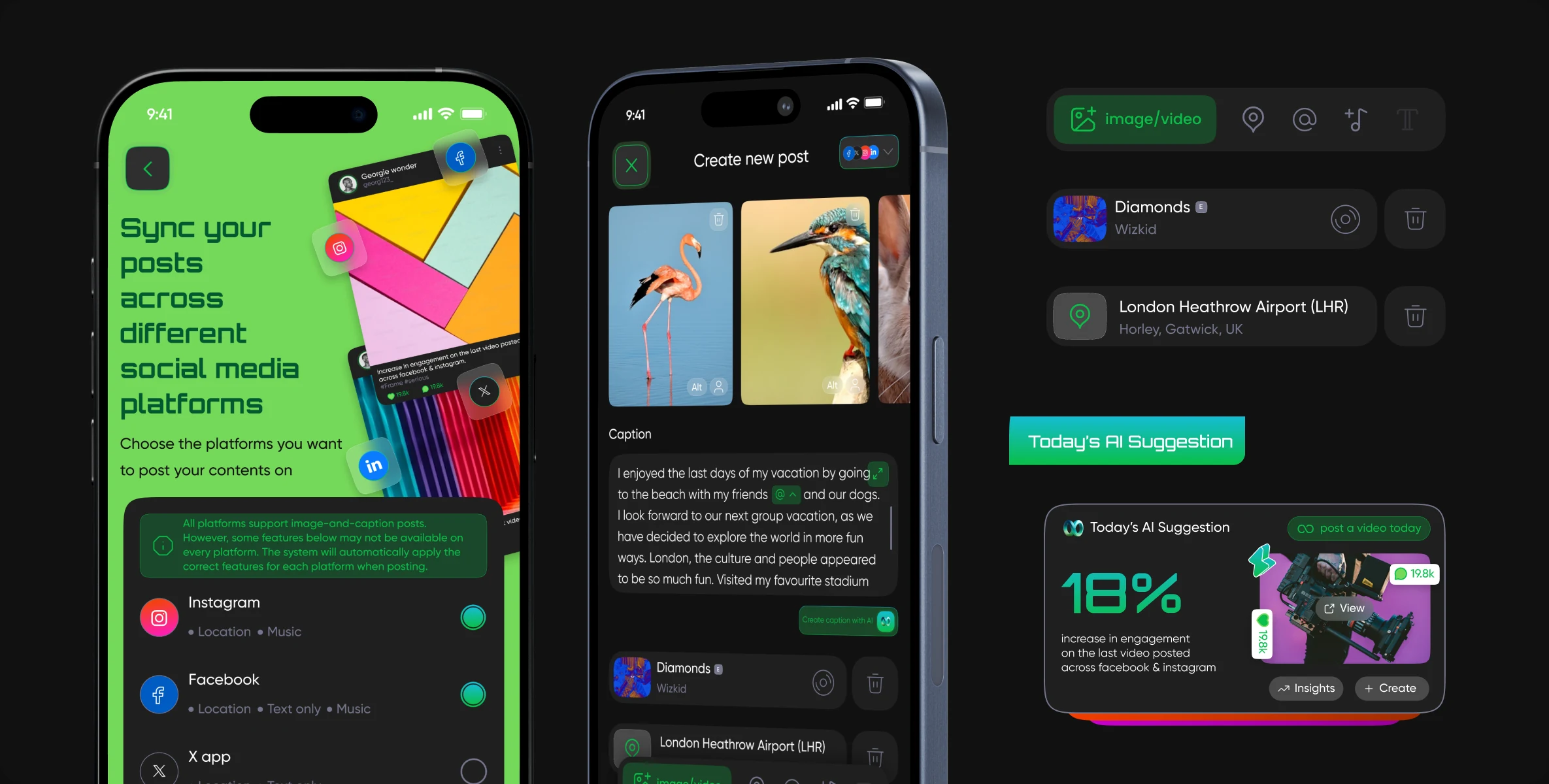 Social Sync composer and AI-suggestion screens
