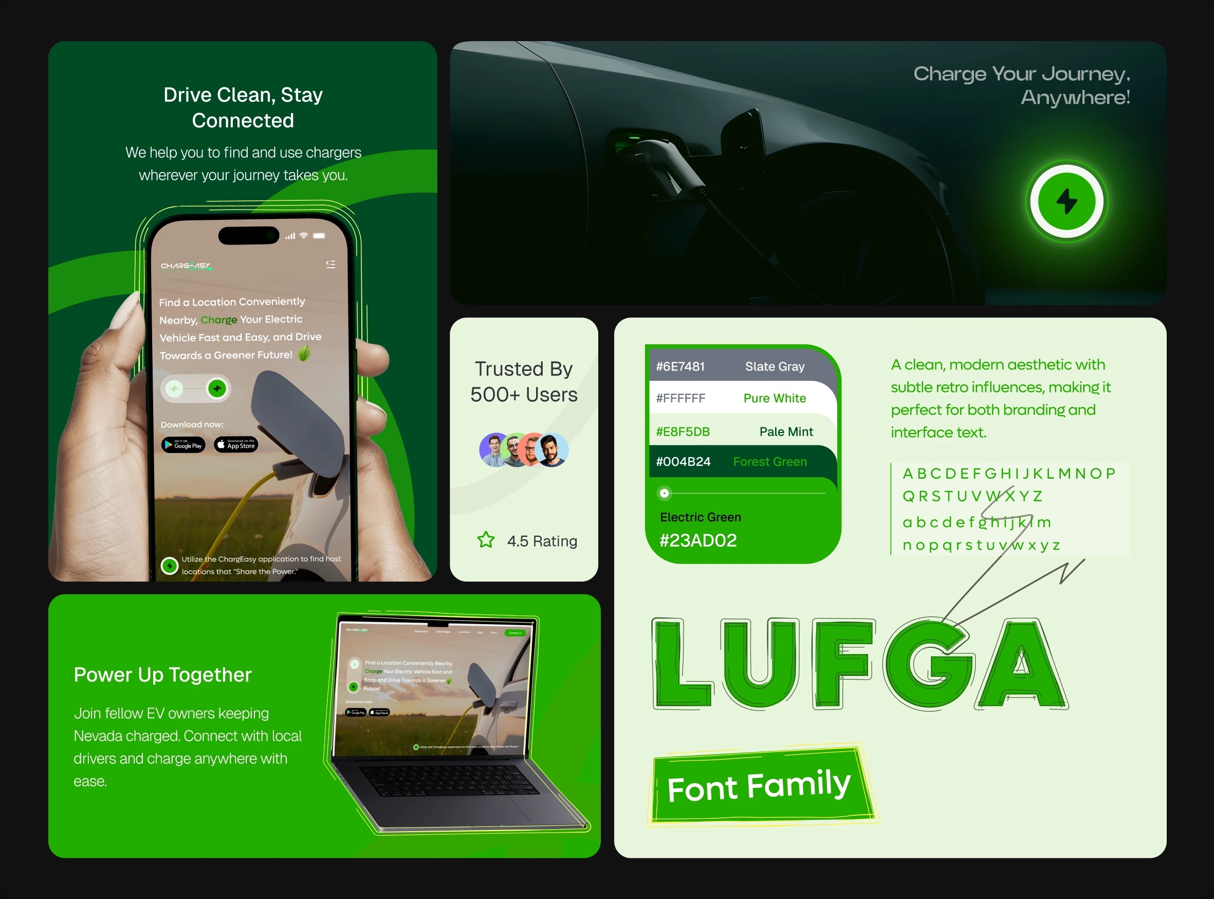 ChargEasy brand direction — Drive Clean, Stay Connected, green colour palette and Lufga typography