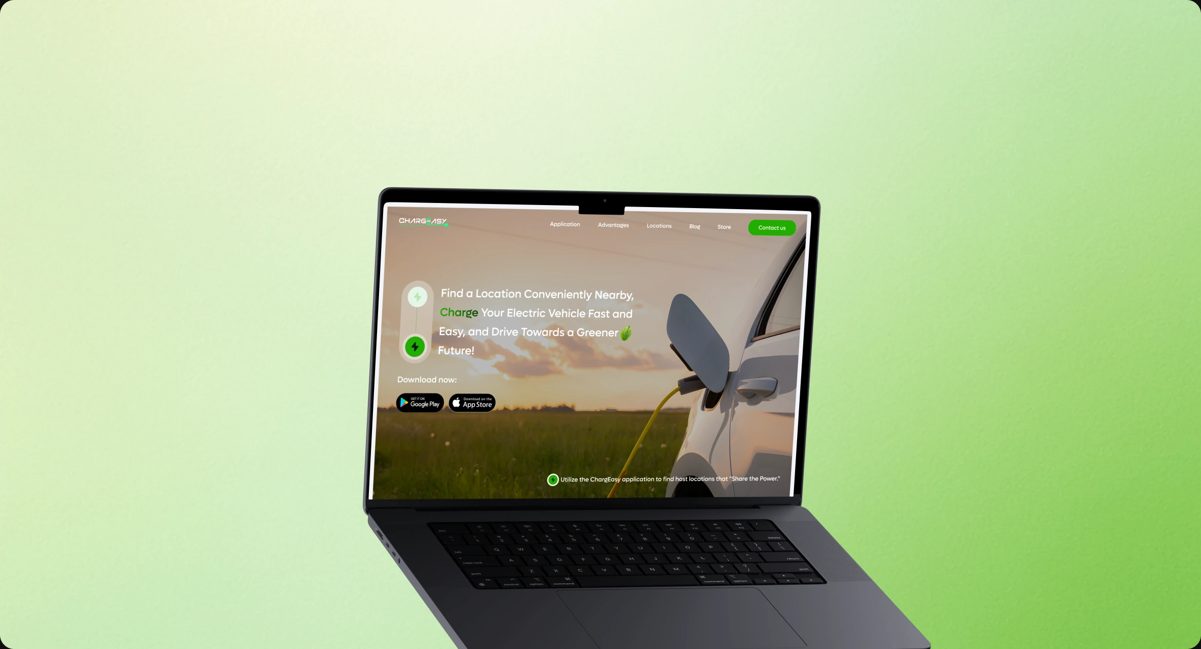ChargEasy landing page shown on a MacBook against a soft green gradient
