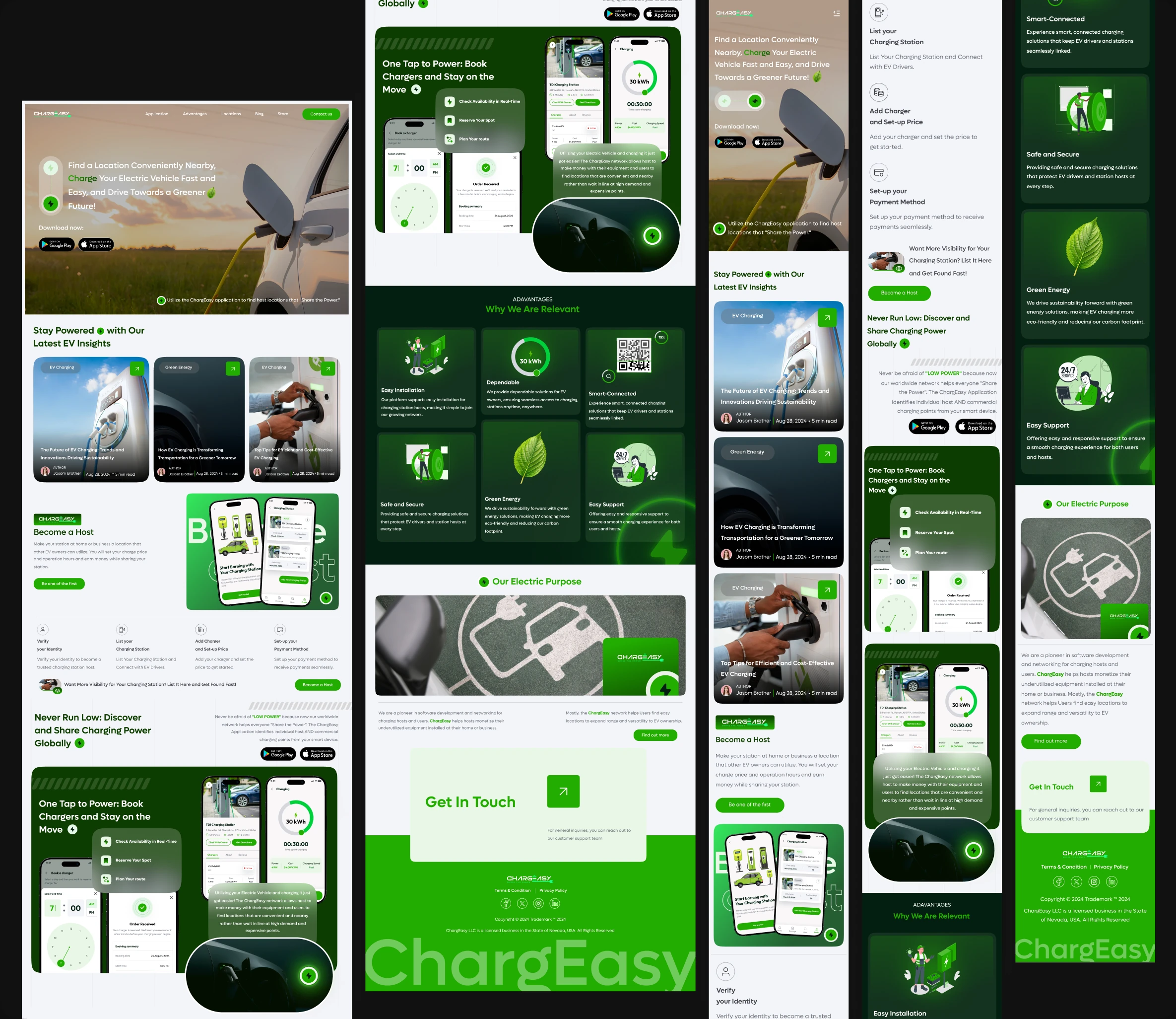 Redesigned ChargEasy sections — host onboarding, advantages and EV insights screens