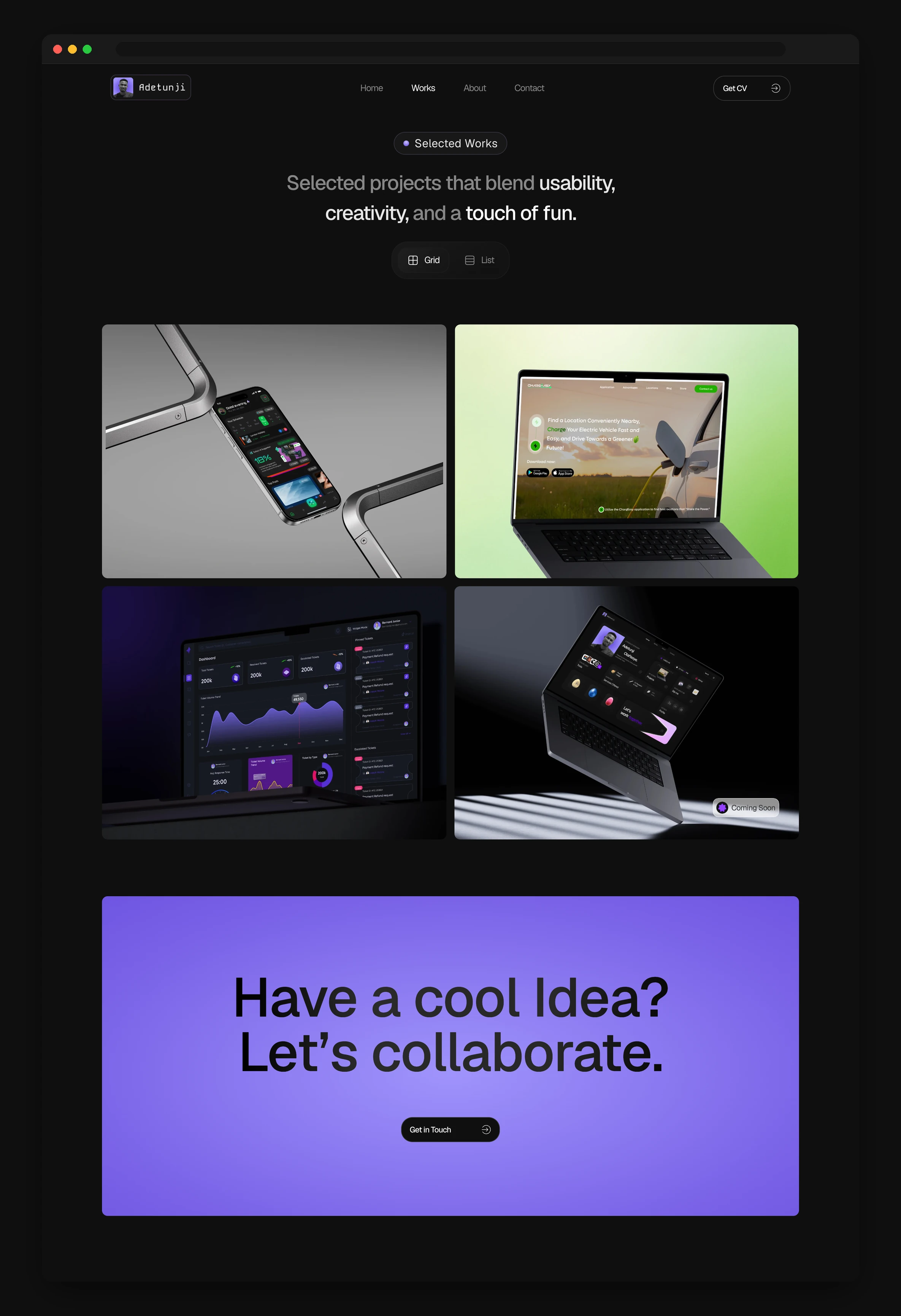 Works page, selected projects in a grid