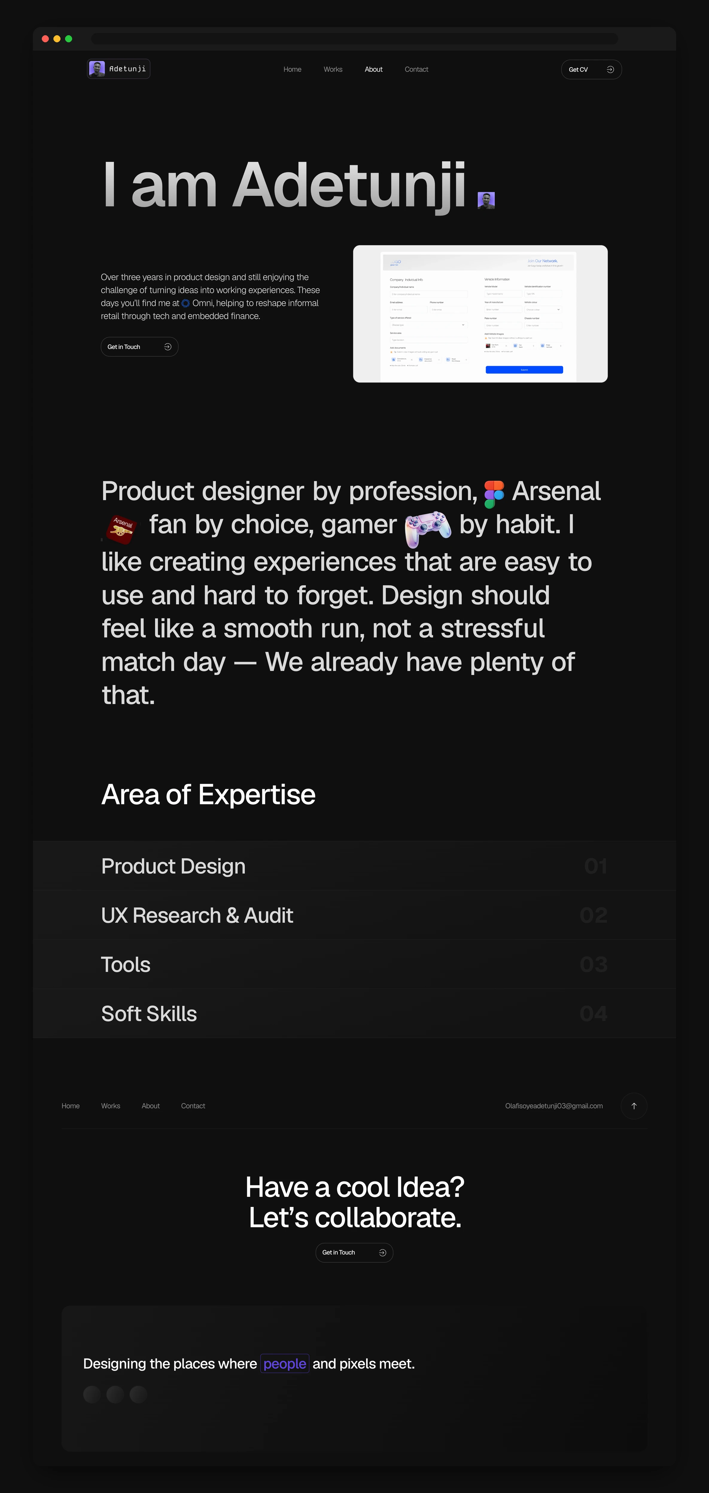 About page, with the intro, expertise, and statement
