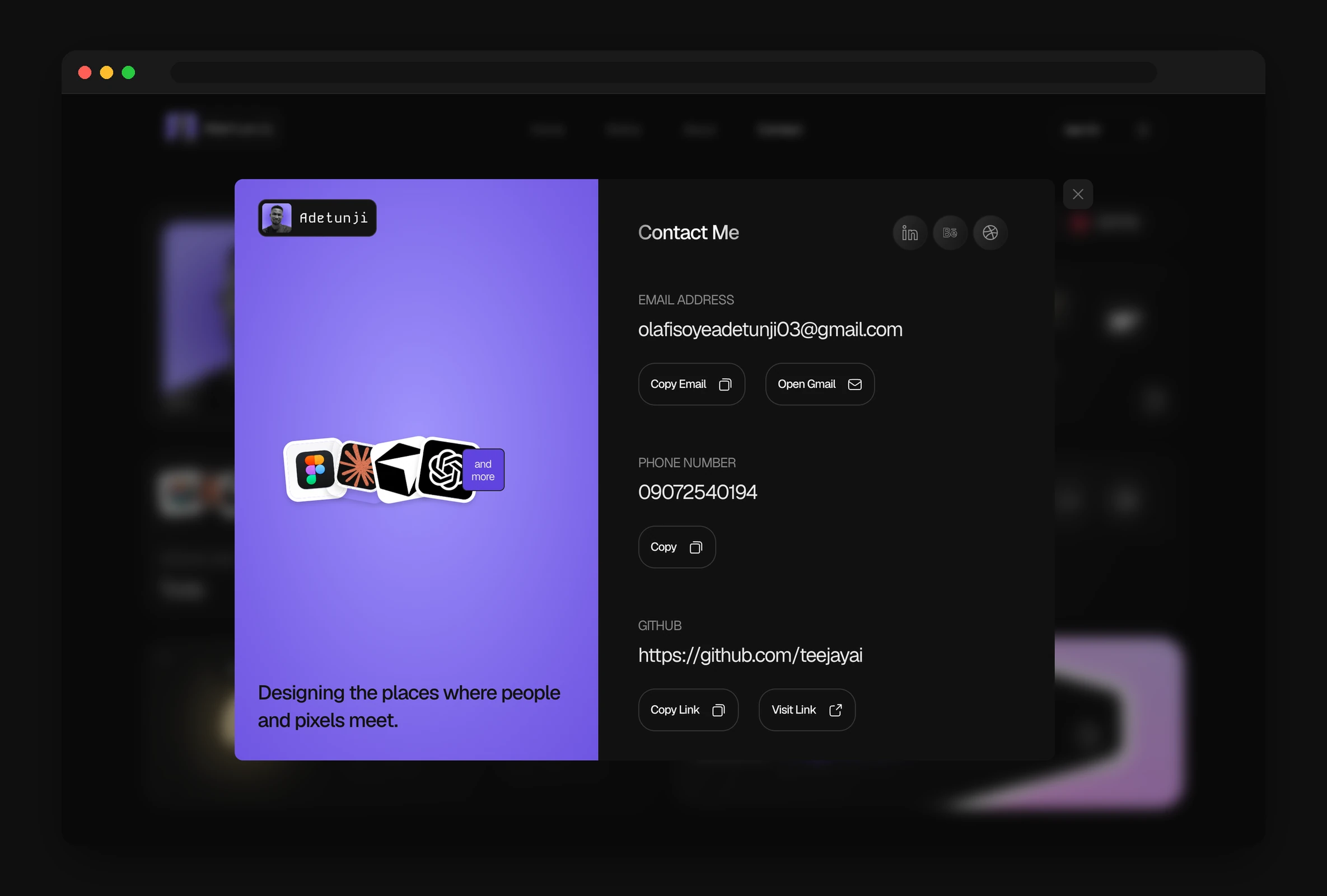 Contact panel open over the home page