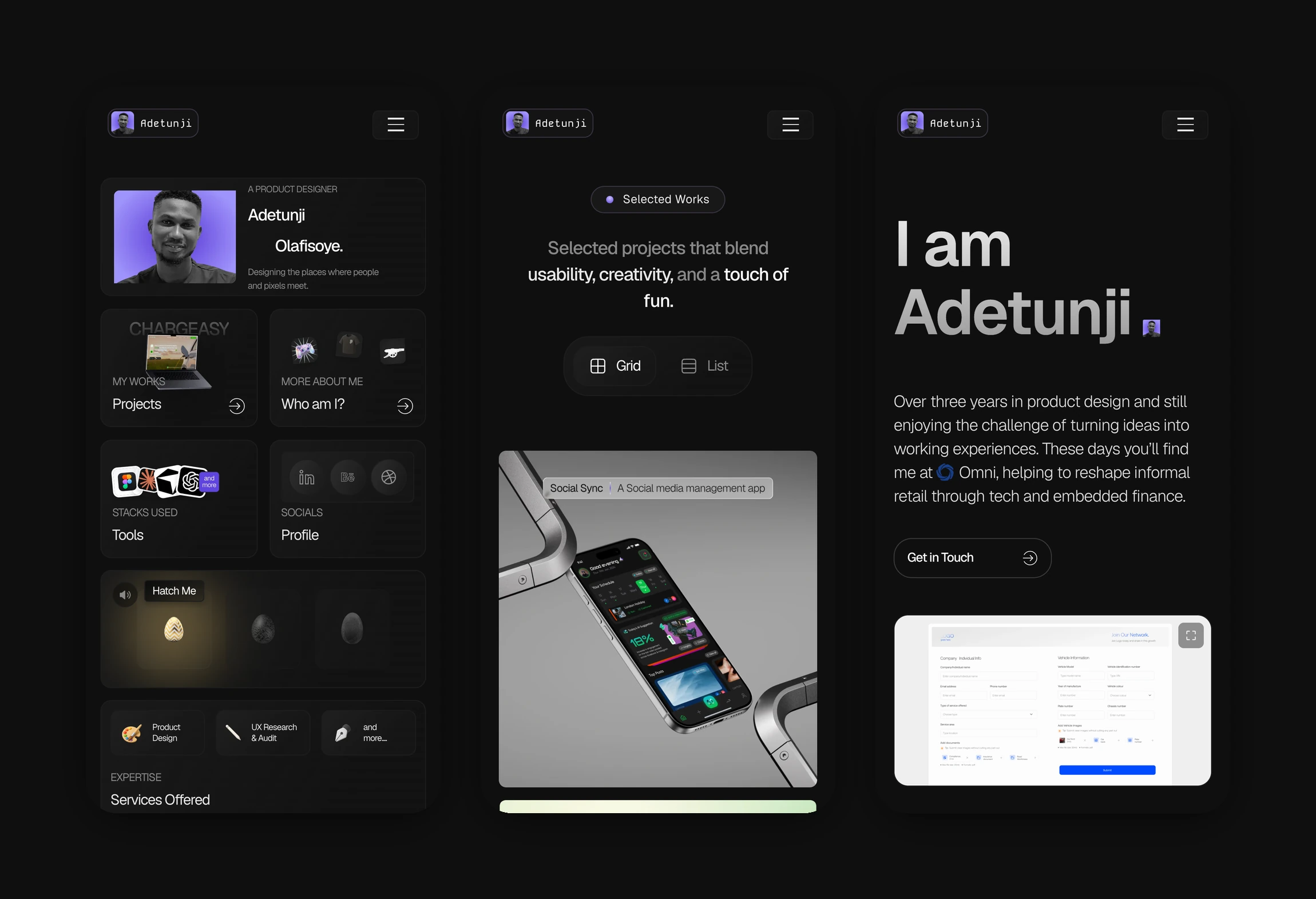 The home, works, and about pages shown on three phone screens