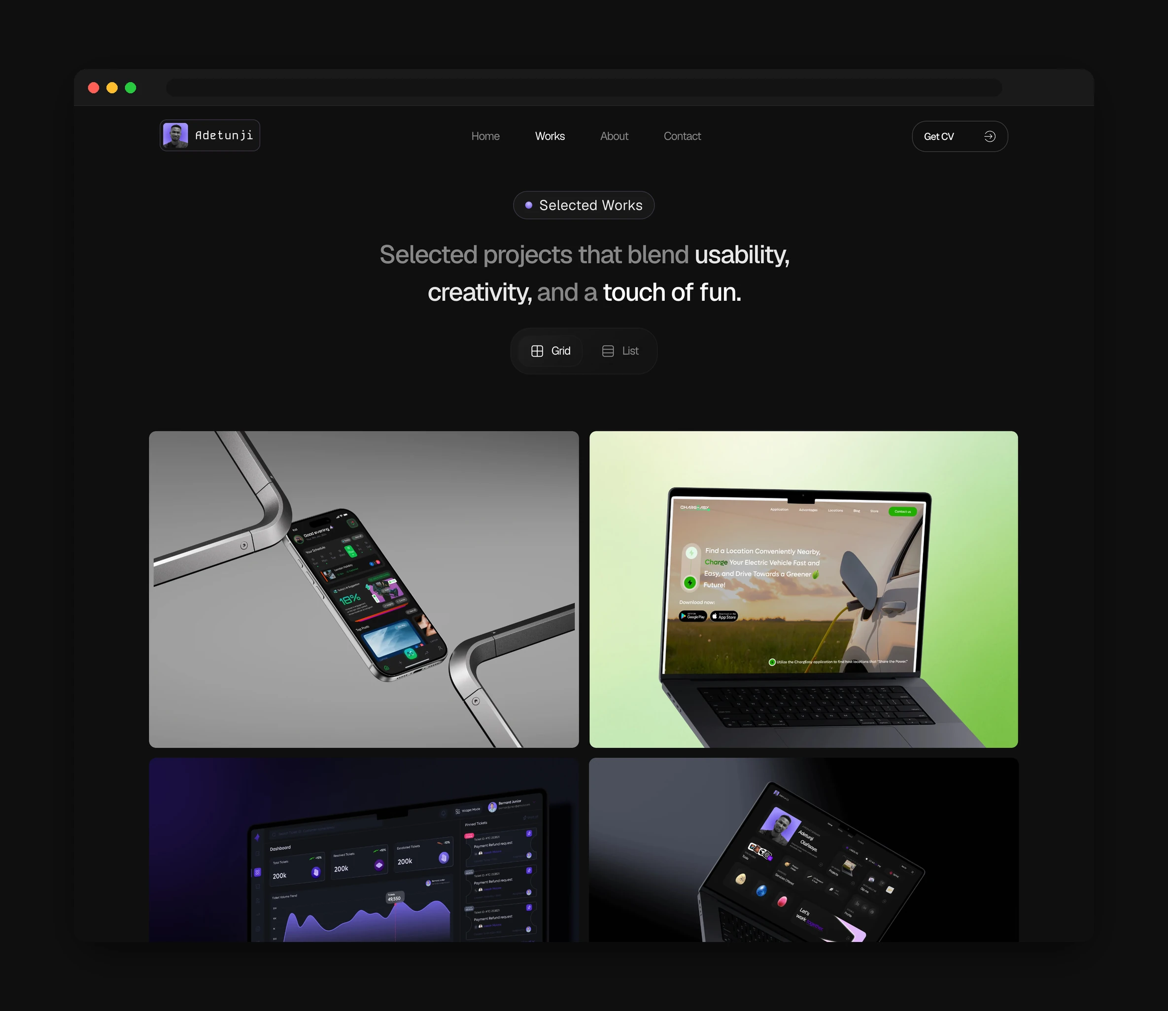The works page listing selected projects in a grid