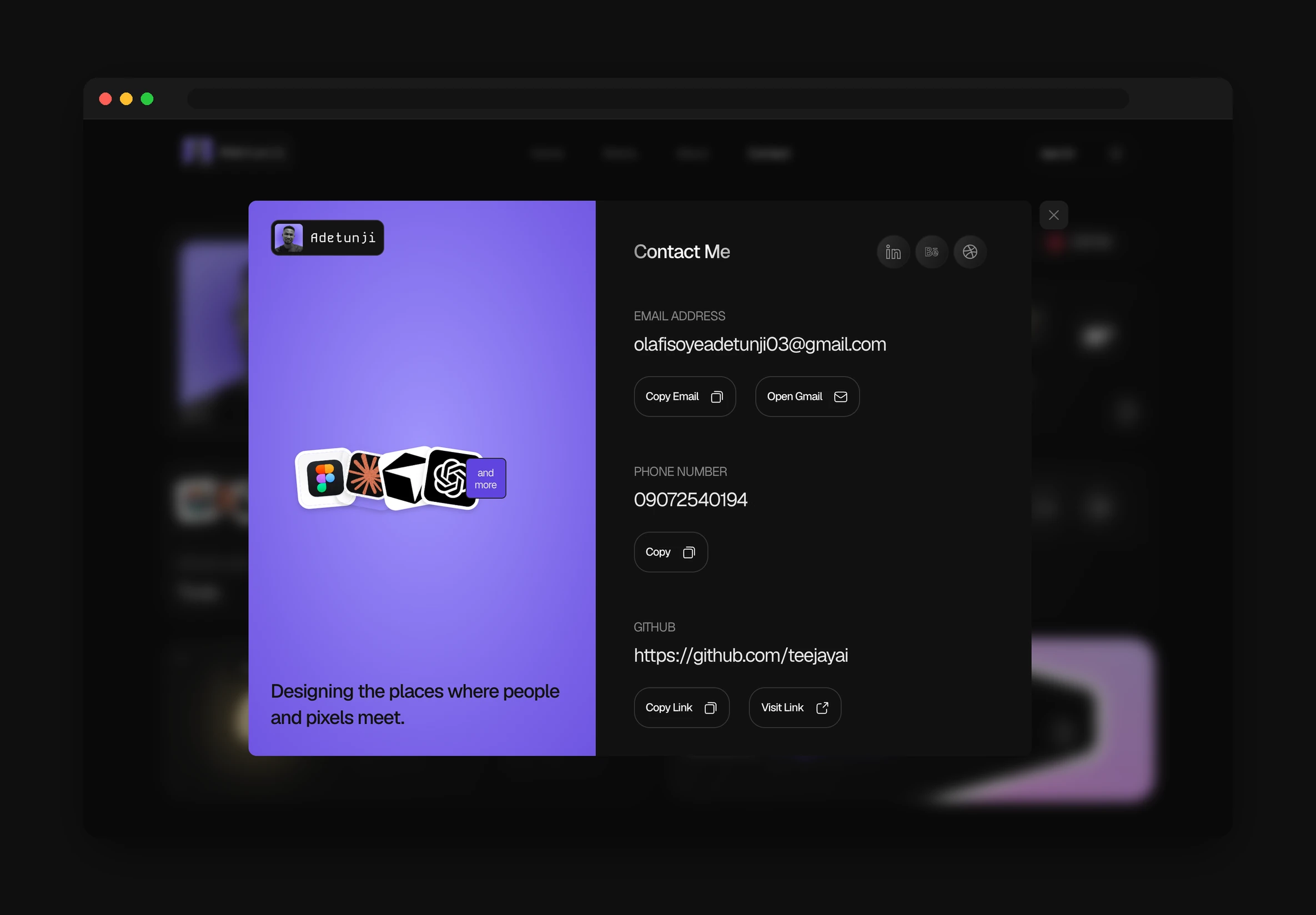 The contact panel open over a blurred version of the home page