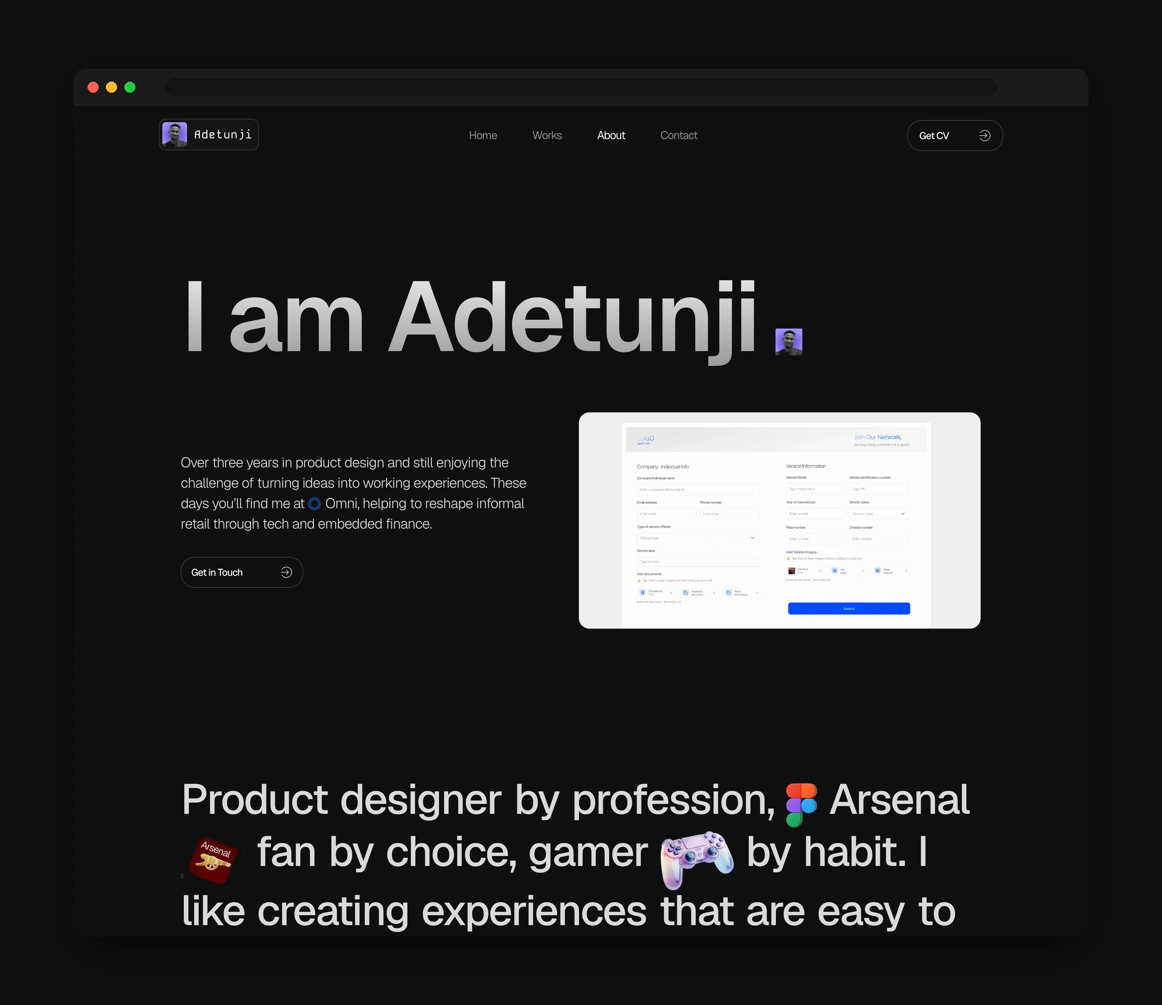 The about page, with a large intro heading, an expertise list, and a statement